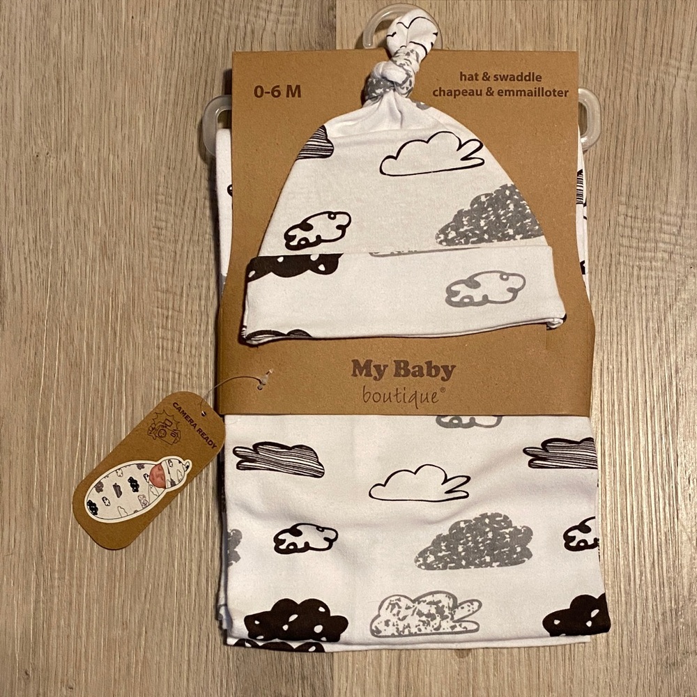 💥 Cloud Design Hat and Swaddle Set - White and Black